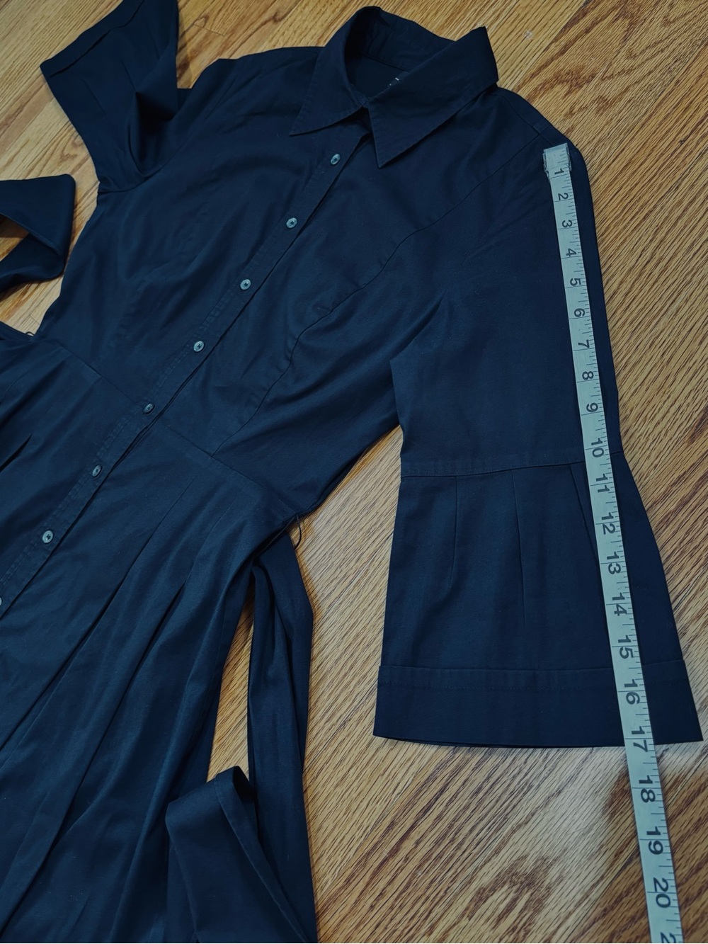 T Tahari Office black cotton button up 3/4 long sleeve belted A-line shirt dress - Picture 13 of 16